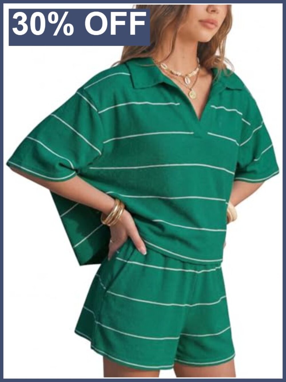 Women 2 Piece Sweater Knit Polo Top and Shorts Set Striped Lounge Outfit